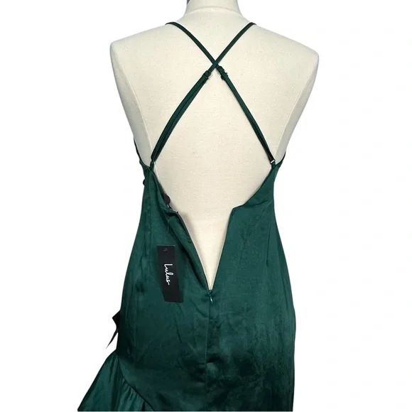 NWT Lulus Lucky Lady Hunter Green Satin Ruffled Maxi Dress Size M (6-8) - Picture 12 of 15